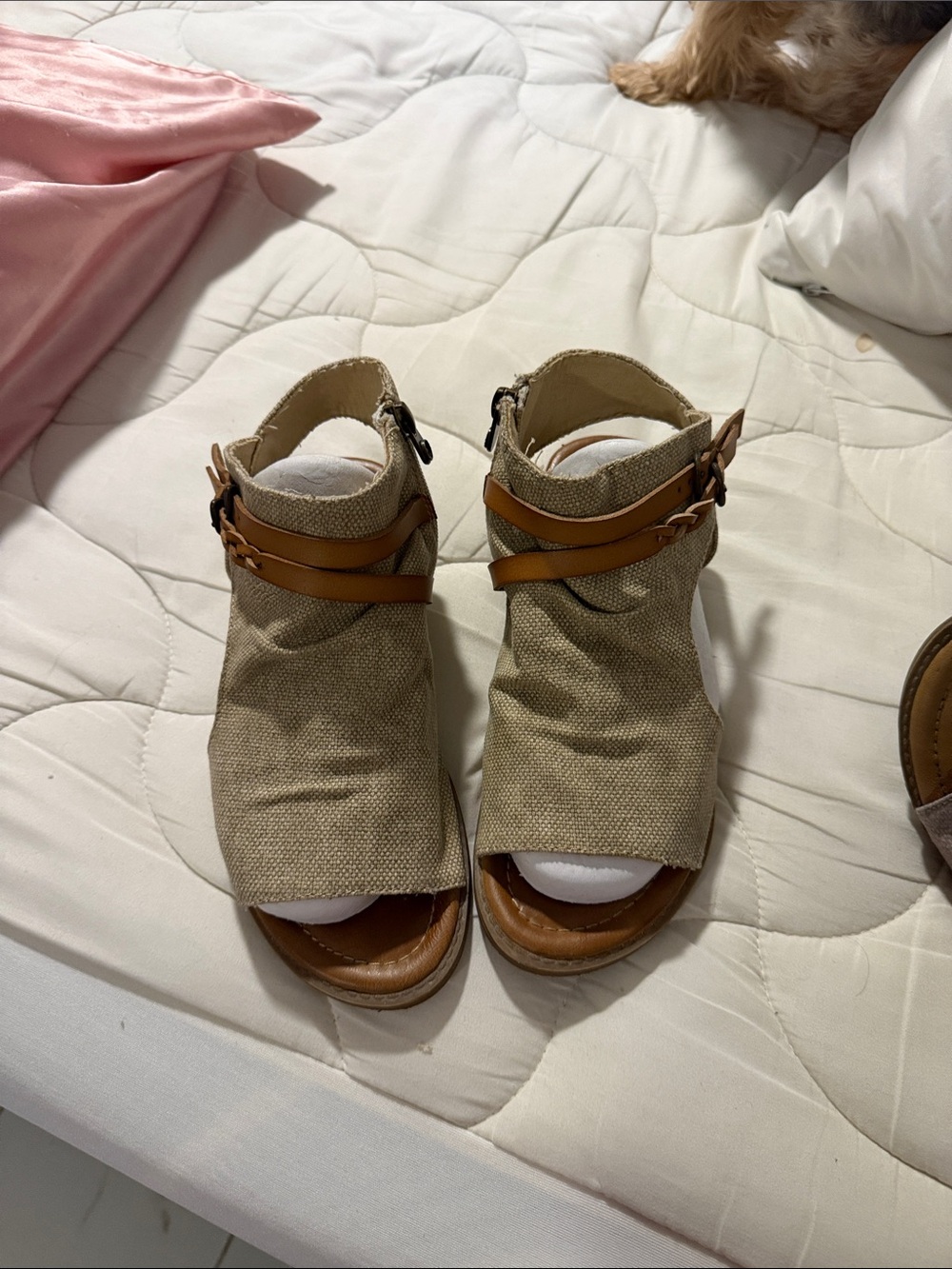 Blowfish Beige Canvas Open-Toe Sandals with Tan Straps